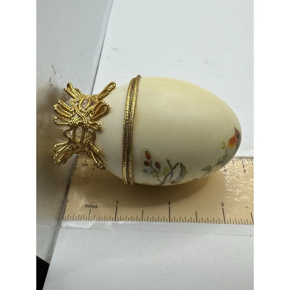 Vintage Real Egg Trinket Box With Blue Bird Printed On It And Satin Lining